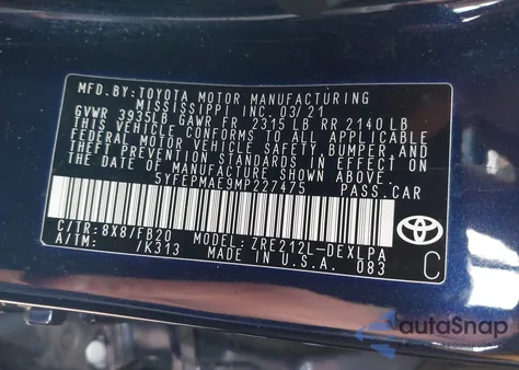 2021 Toyota Corolla Le from USA, damaged, VIN 5YFEPMAE9MP227475